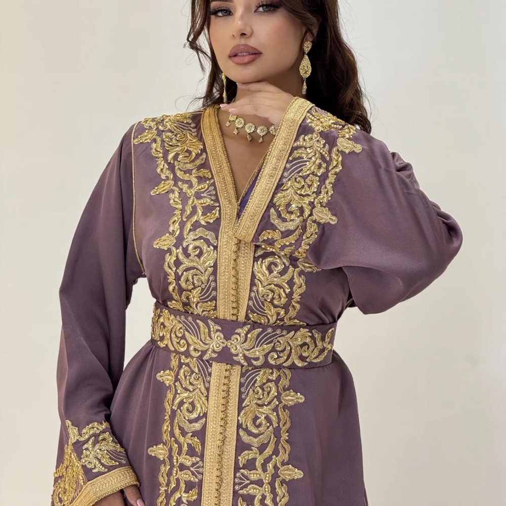 Embroidered Mauve Caftan with Gold Trim